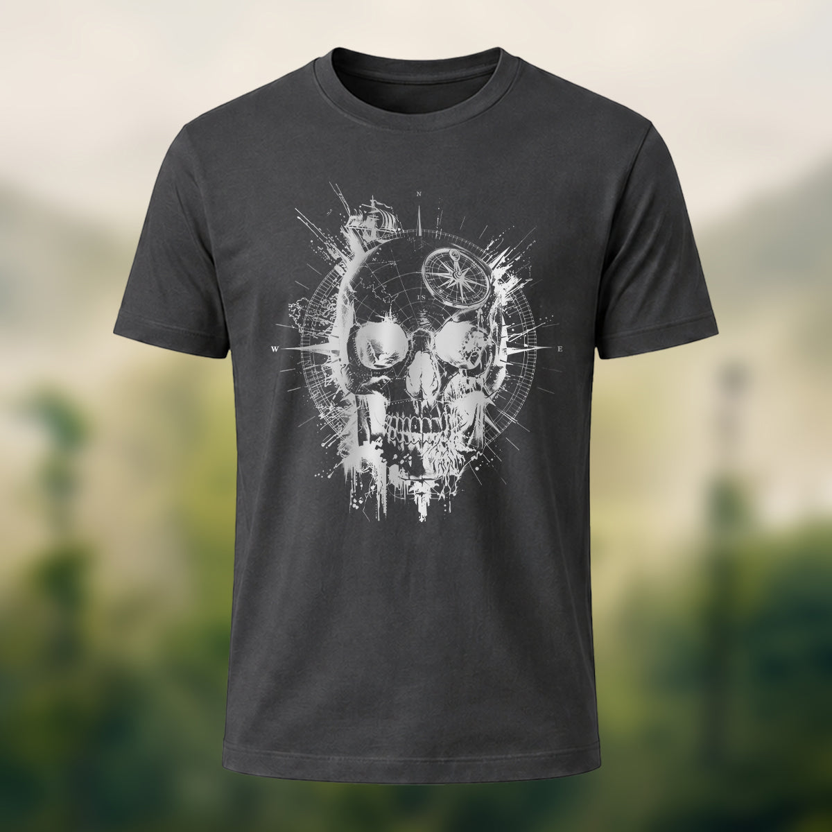 Nautical Gothic Skull Print Casual Soft Cotton T-Shirt Charcoal