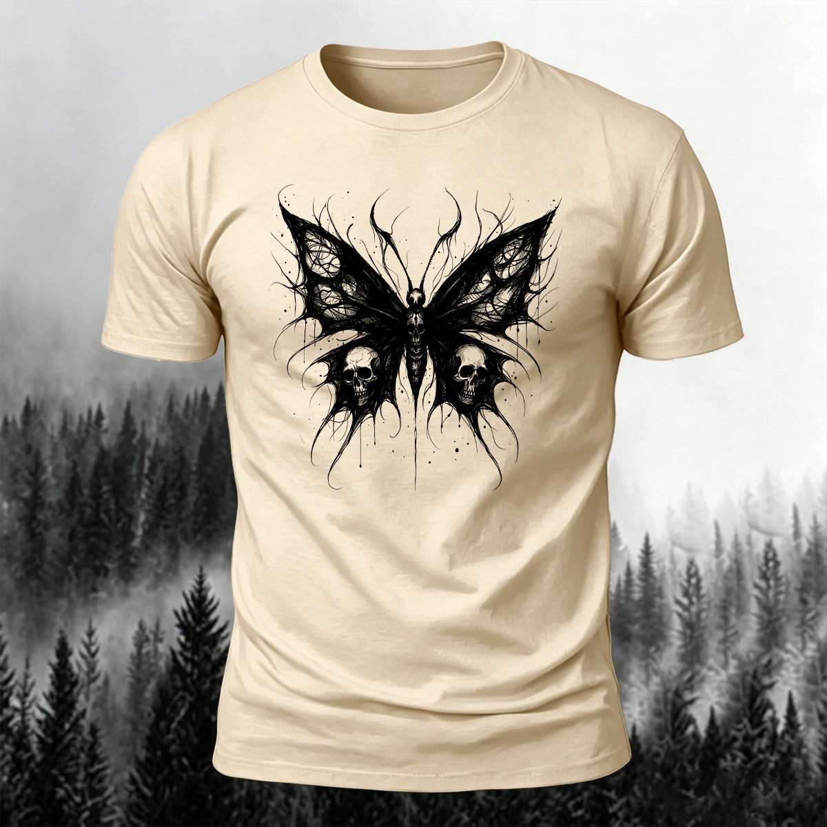 Dark Butterfly Silhouette Print Casual Soft Cotton Tee Beige