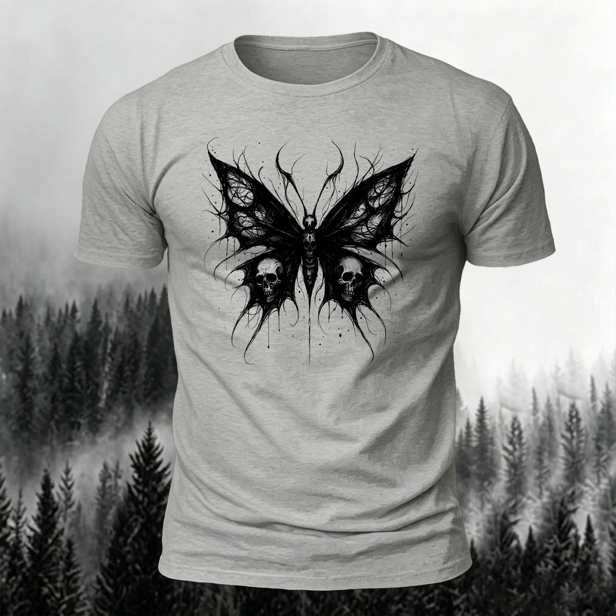 Dark Butterfly Silhouette Print Casual Soft Cotton Tee Heather Grey
