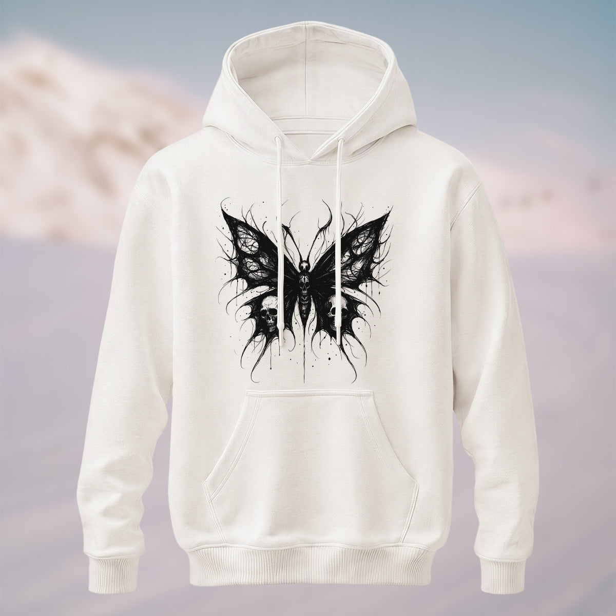 Cotton Made Dark Butterfly Skeleton Print Hoodie White
