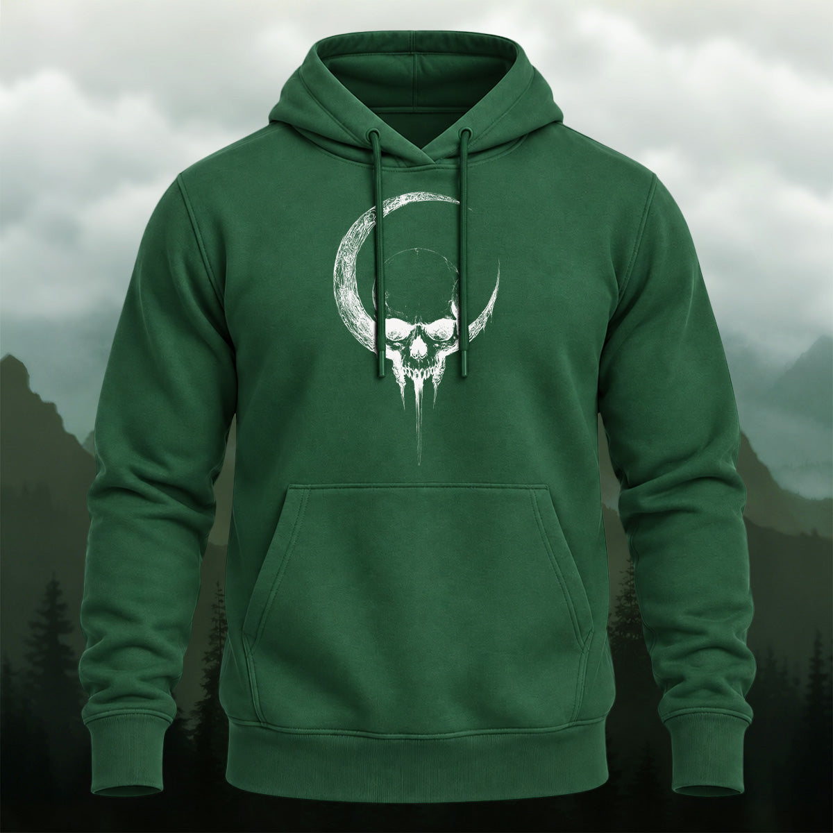 Cotton Made Gothic Lunar Skull Hoodie Forest Green