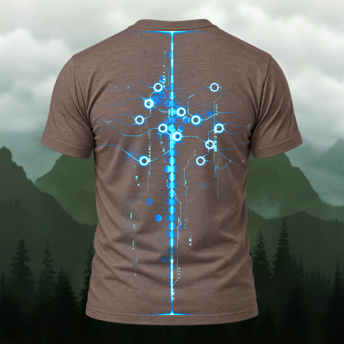 Futuristic Digital Circuit Print T-Shirt Coffee