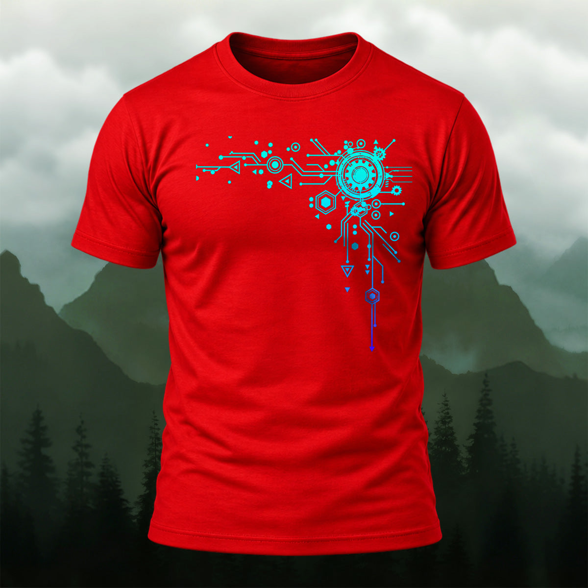 Modern Digital Interface Cotton T-Shirt Red