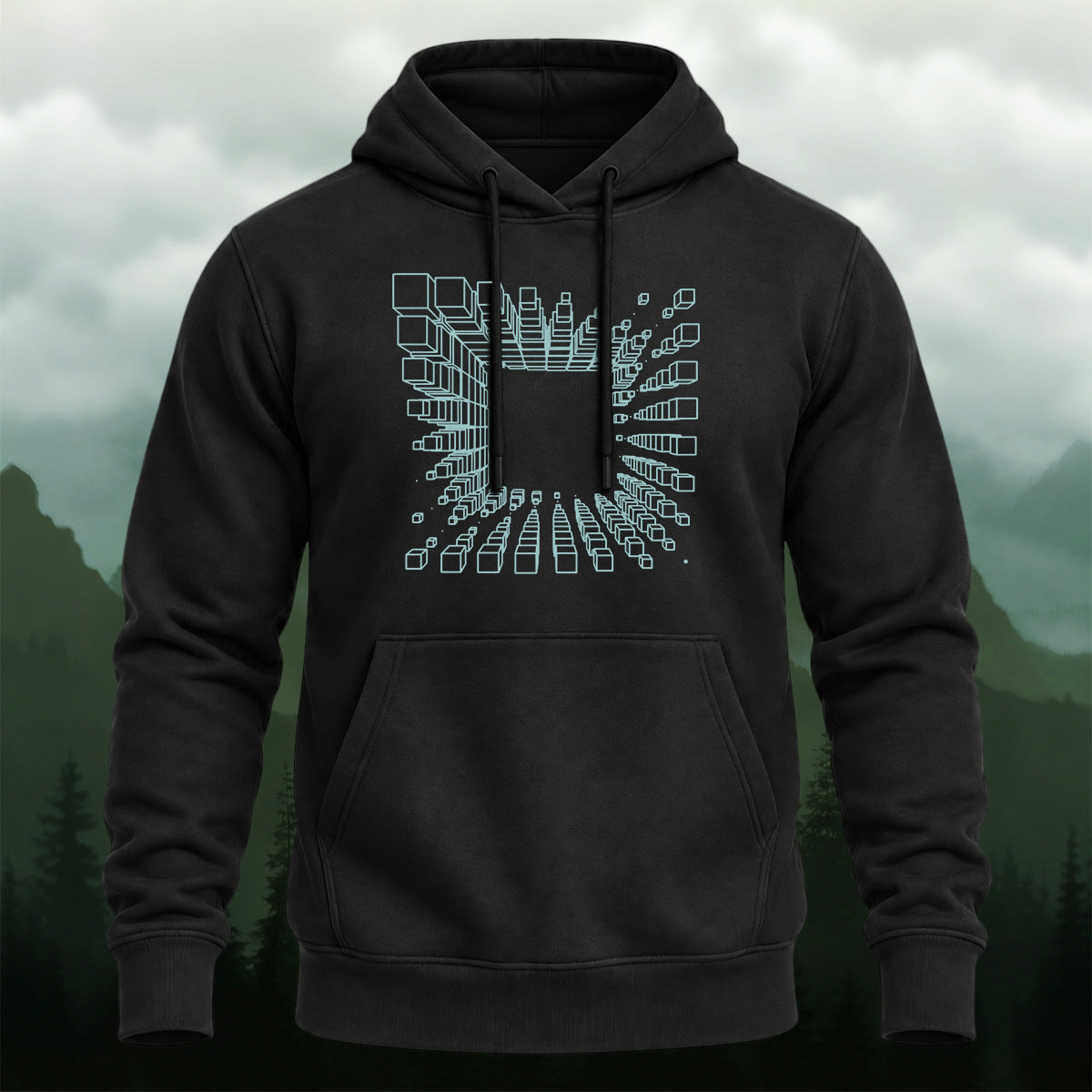 Cotton Made Futuristic Geometric Dimension Hoodie Black