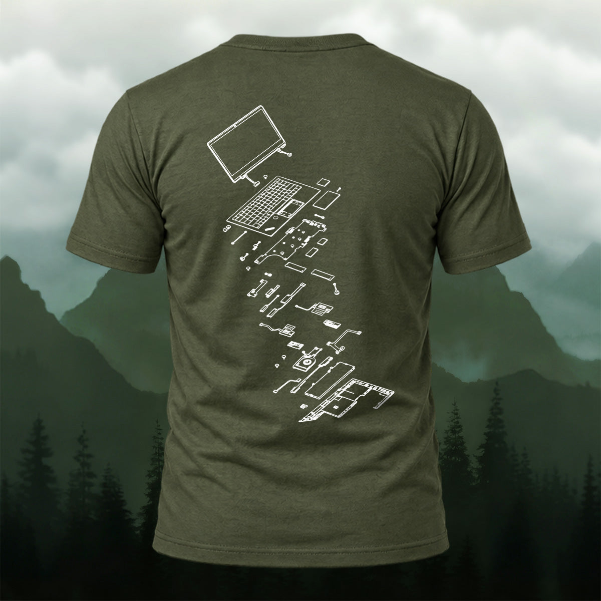 Technical Exploded View Soft Cotton T-Shirt Olive Green