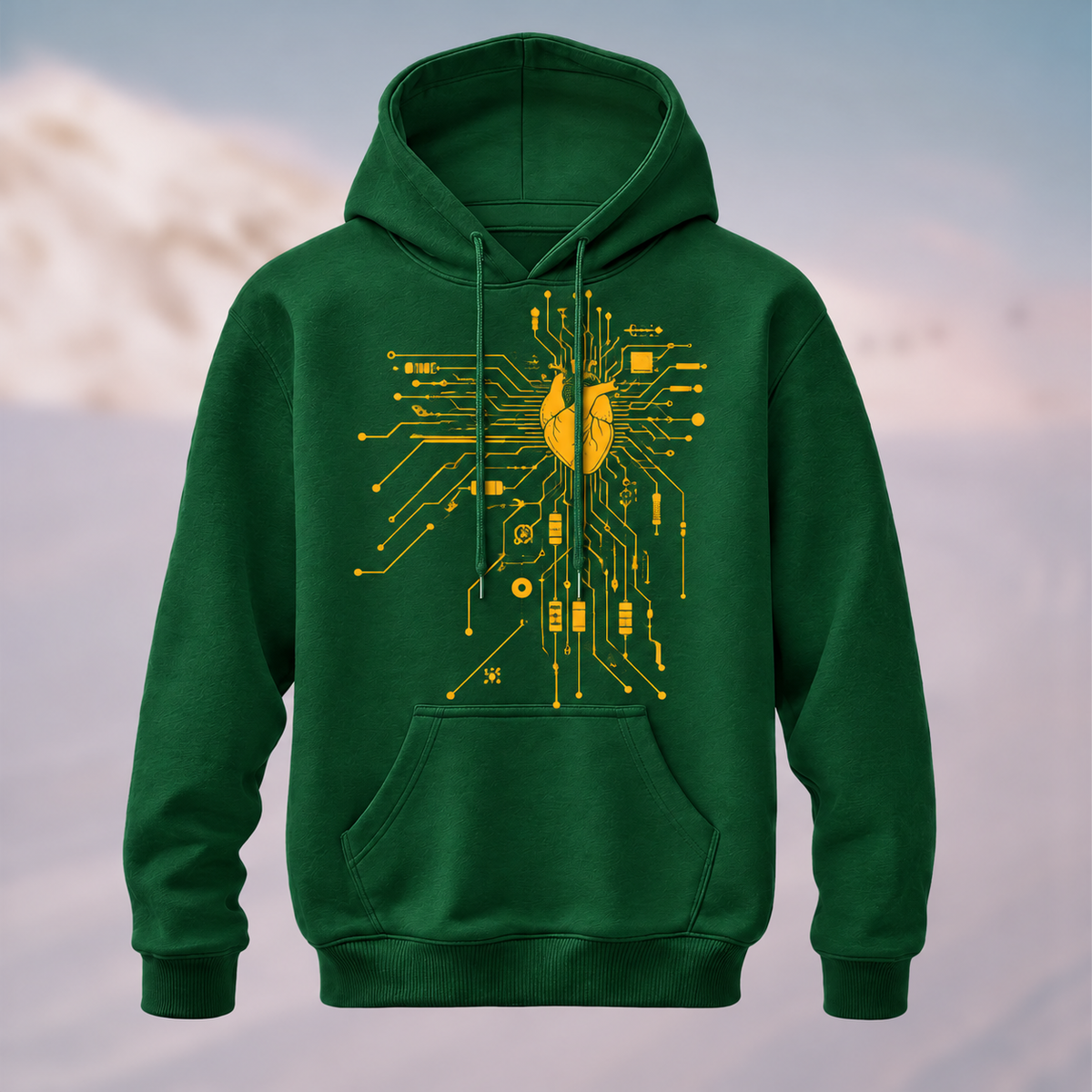 Cotton Made Modern Futuristic Circuit Heart Hoodie Forest Green