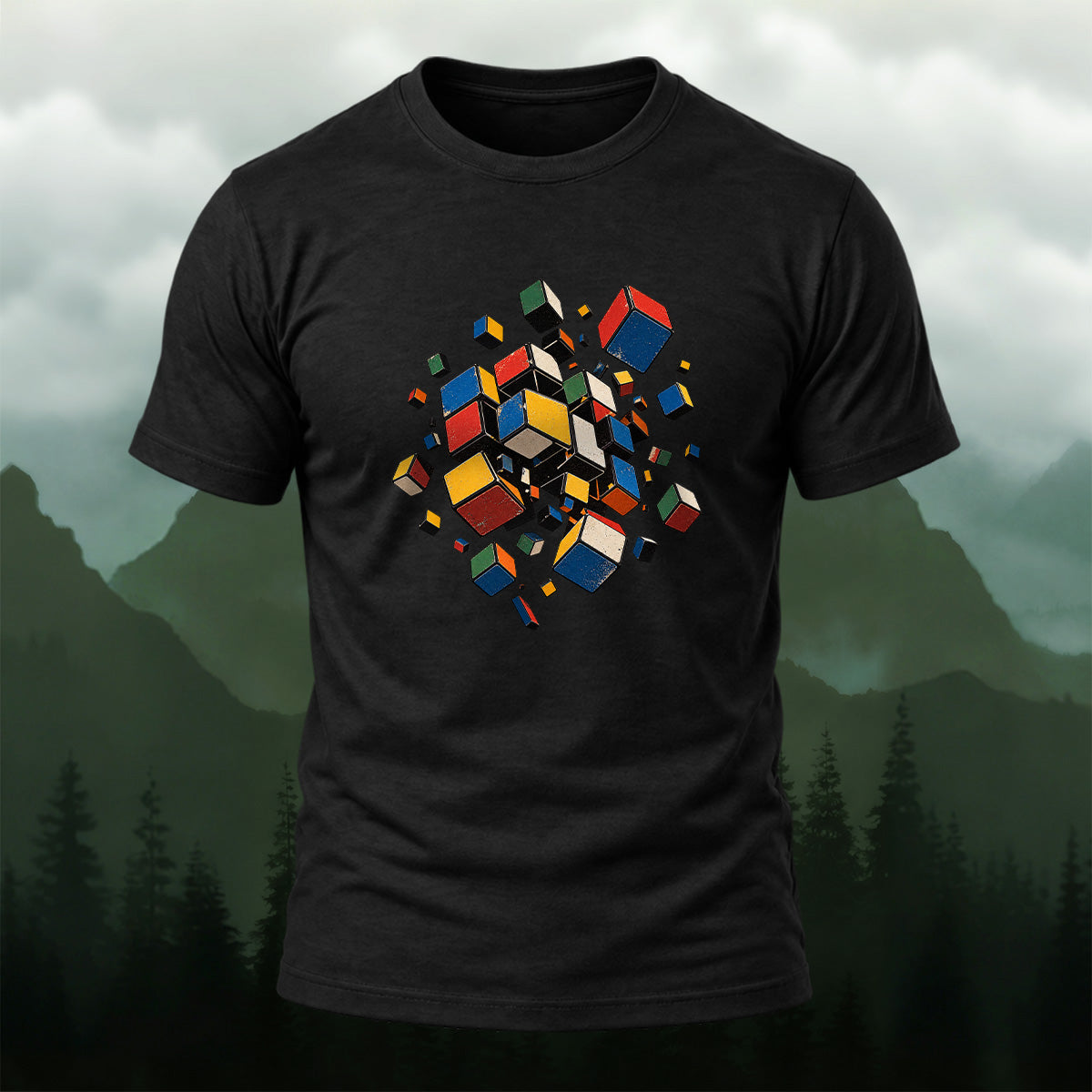 Geometric Colorful Cubes Premium Cotton T-Shirt Black