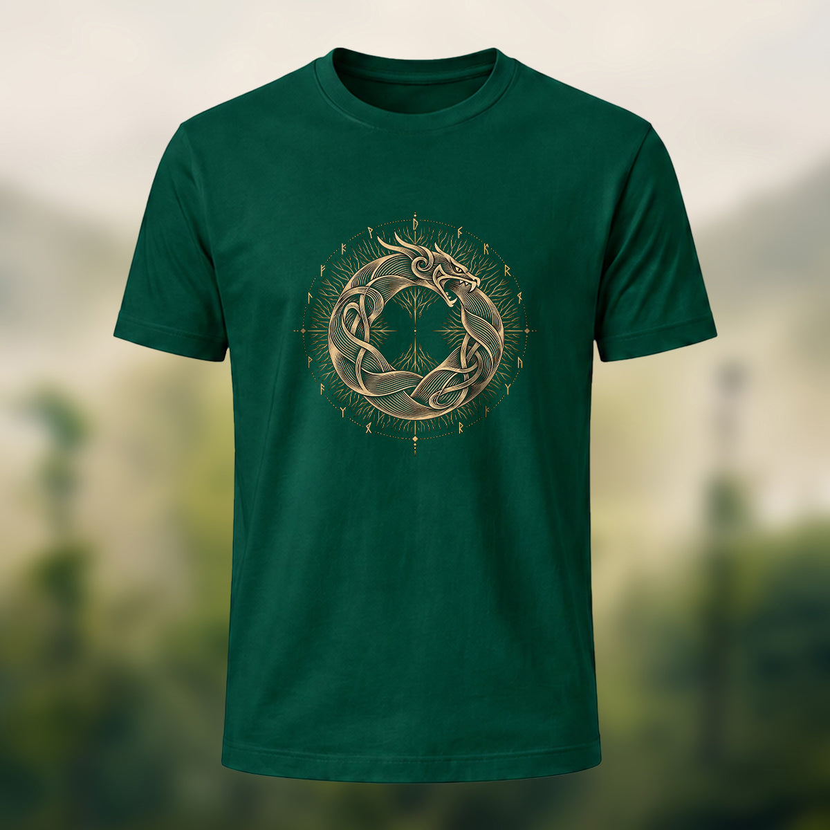 Viking Dragon Print Casual Cotton T-Shirt Forest Green