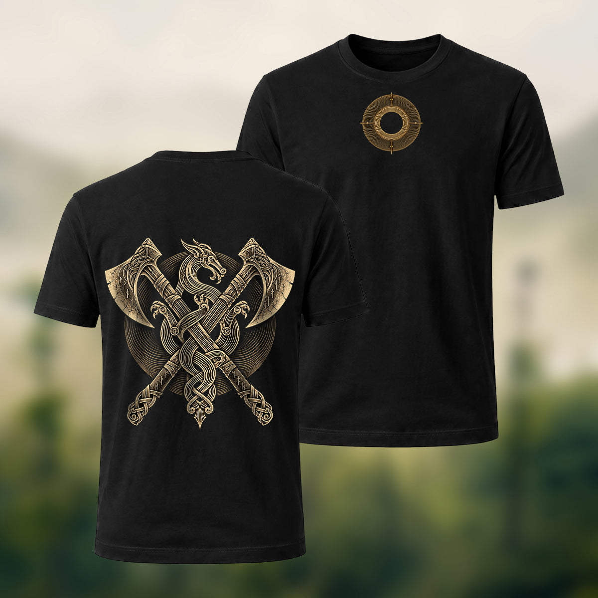 Vintage Viking Axe Print Premium Cotton T-Shirt Black