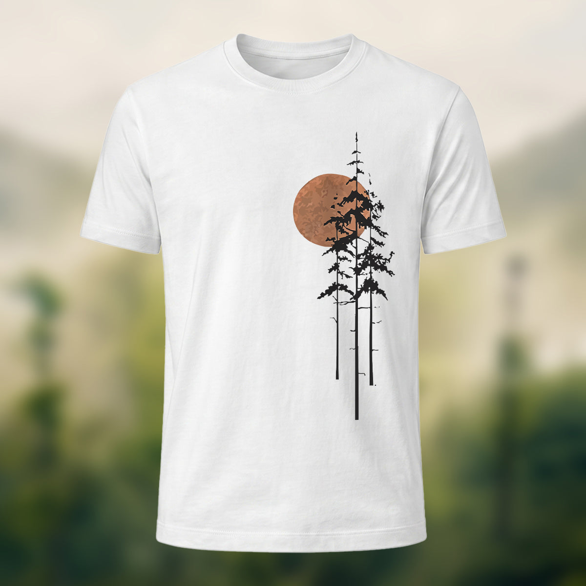 Retro Sunset Pine Tree Print Cotton T-Shirt White