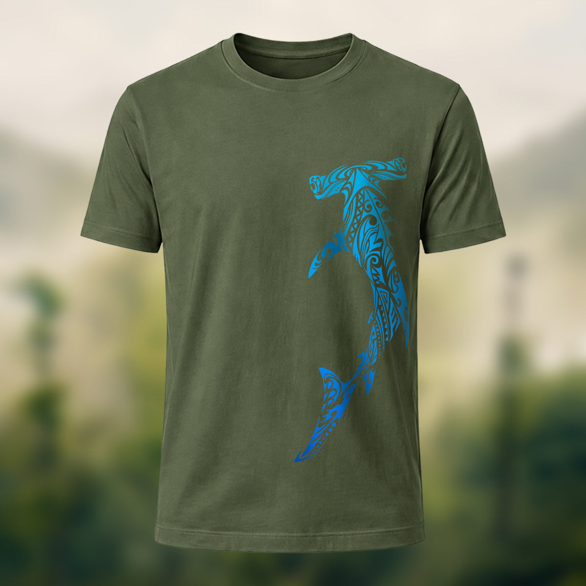 Tribal Shark Print Casual Cotton T-Shirt Olive Green