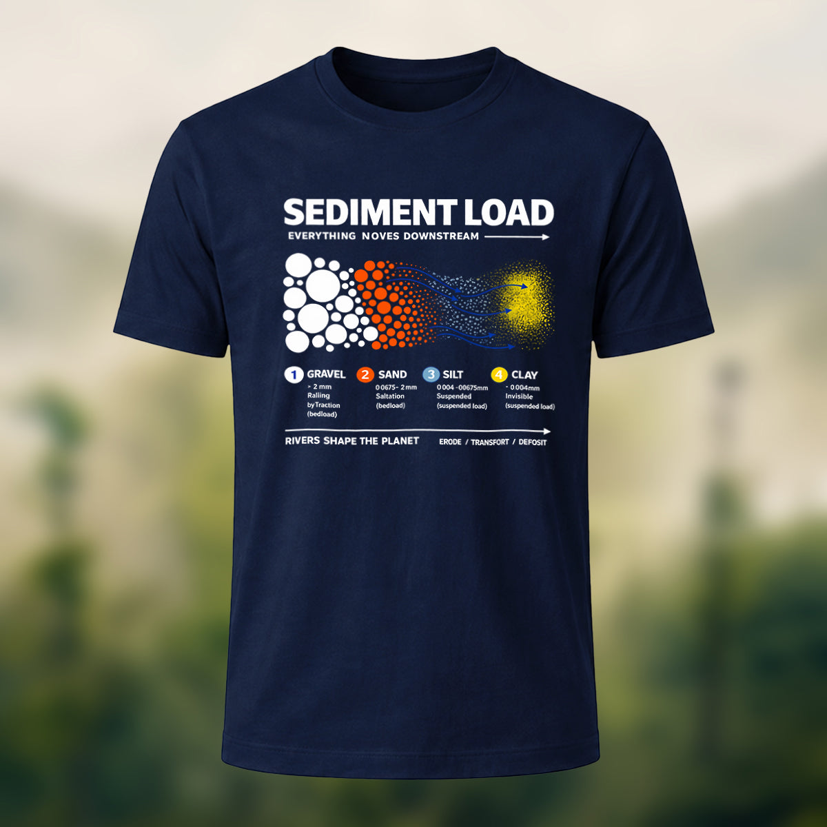 DTG Sediment Load Print Casual Soft Cotton T-Shirt Navy