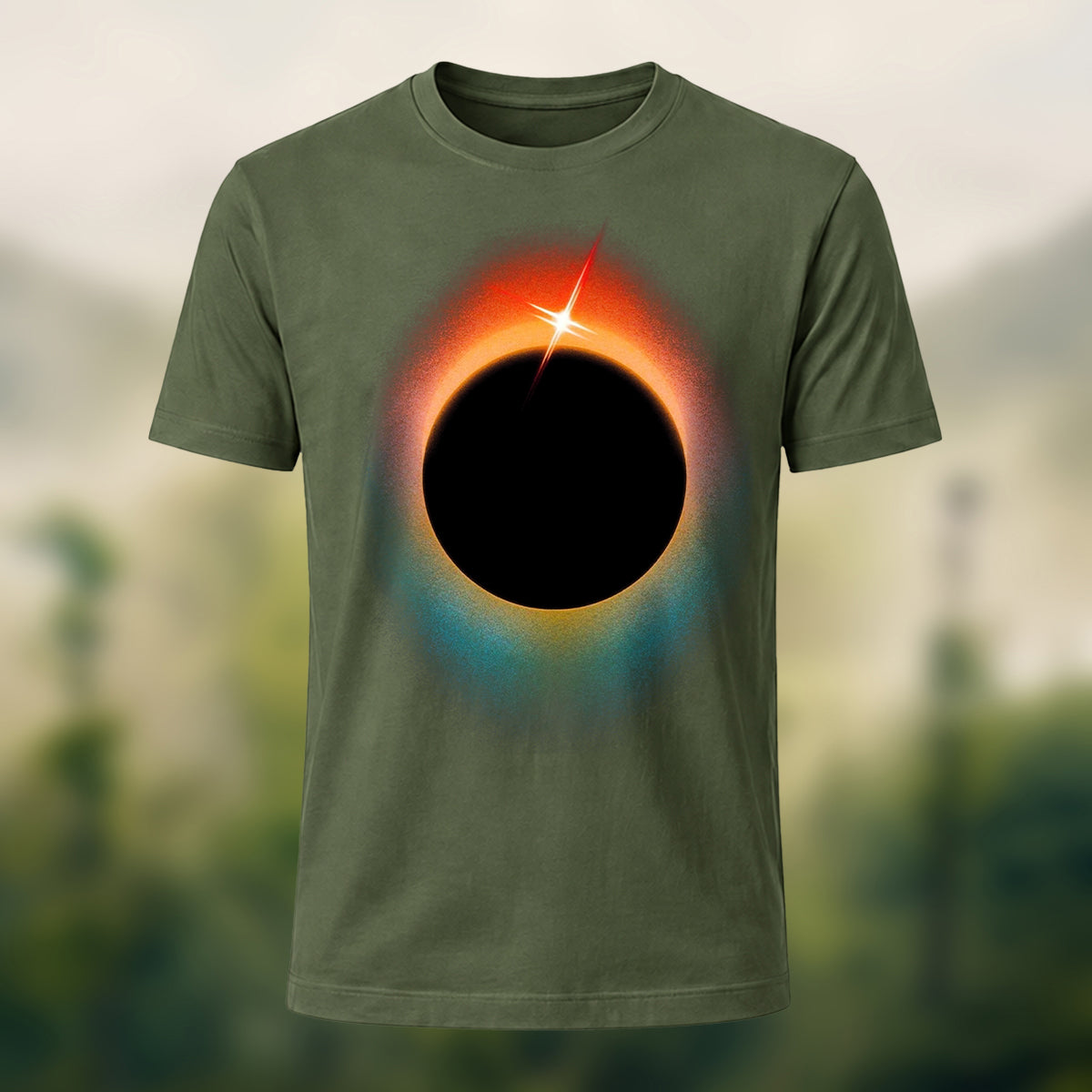 DTG Minimal Solar Eclipse Print Combed Cotton T-Shirt Olive Green