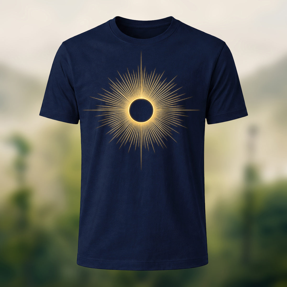 DTG Mystical Solar Ray Print Premium Cotton T-Shirt Navy