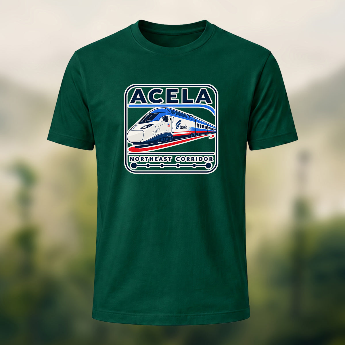 Acela Train Print Combed Cotton T-Shirt Forest Green