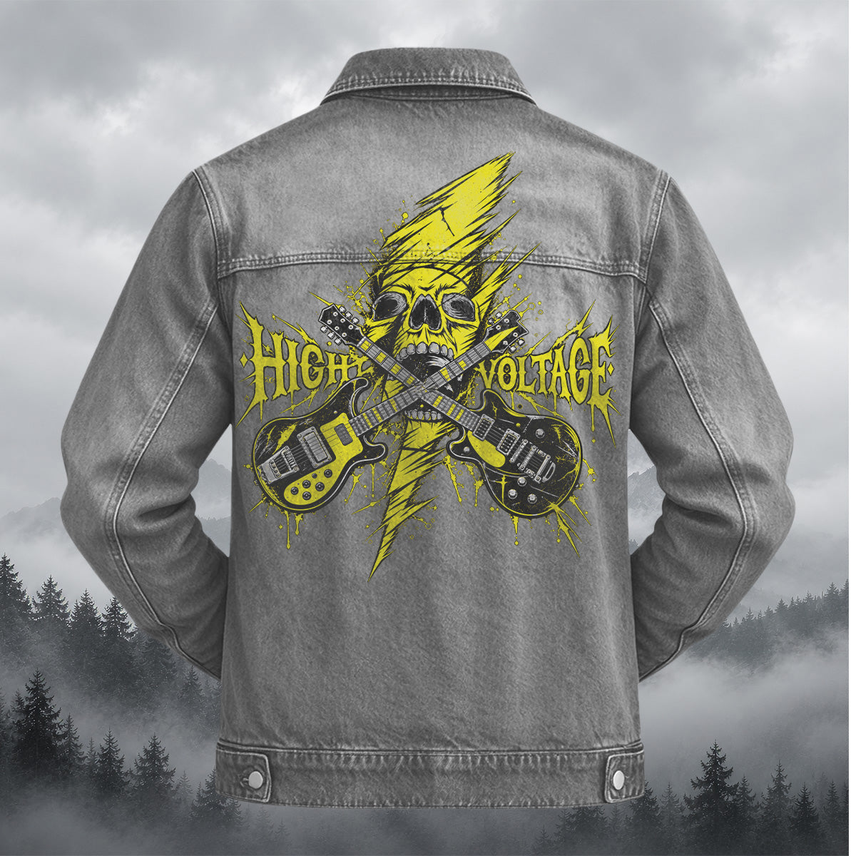 Artistic Rock Skull Guitar Denim Jacket Grey
