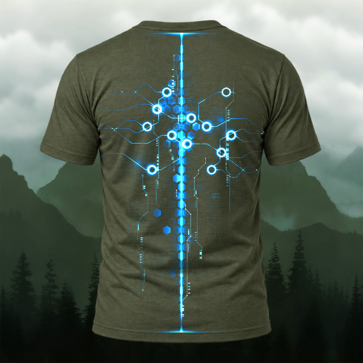 Futuristic Digital Circuit Print T-Shirt Olive Green