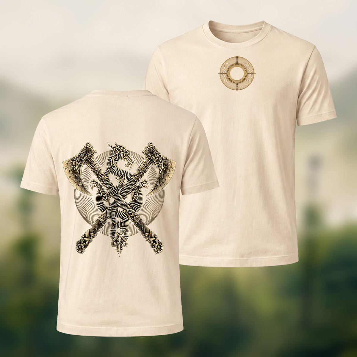 Vintage Viking Axe Print Premium Cotton T-Shirt Beige