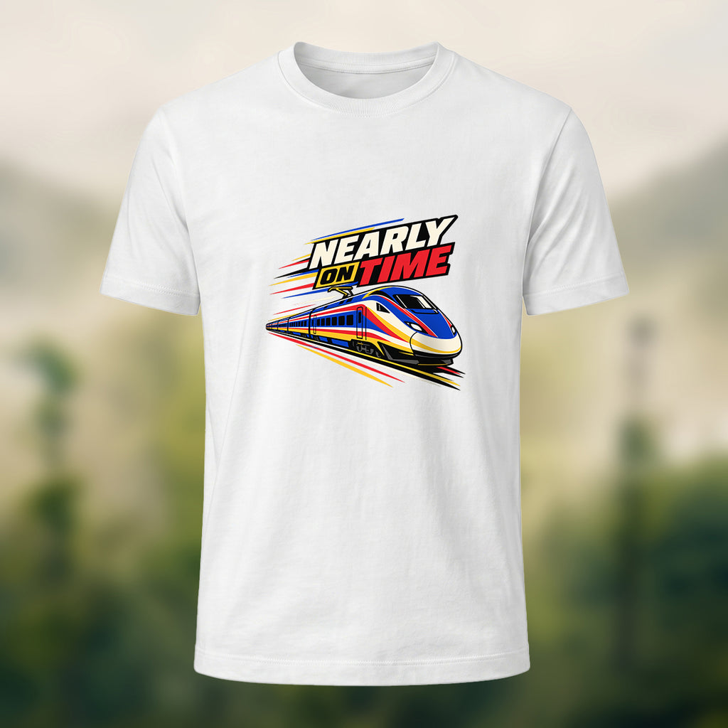 Nearly On Time Train Print Casual Cotton T-Shirt White