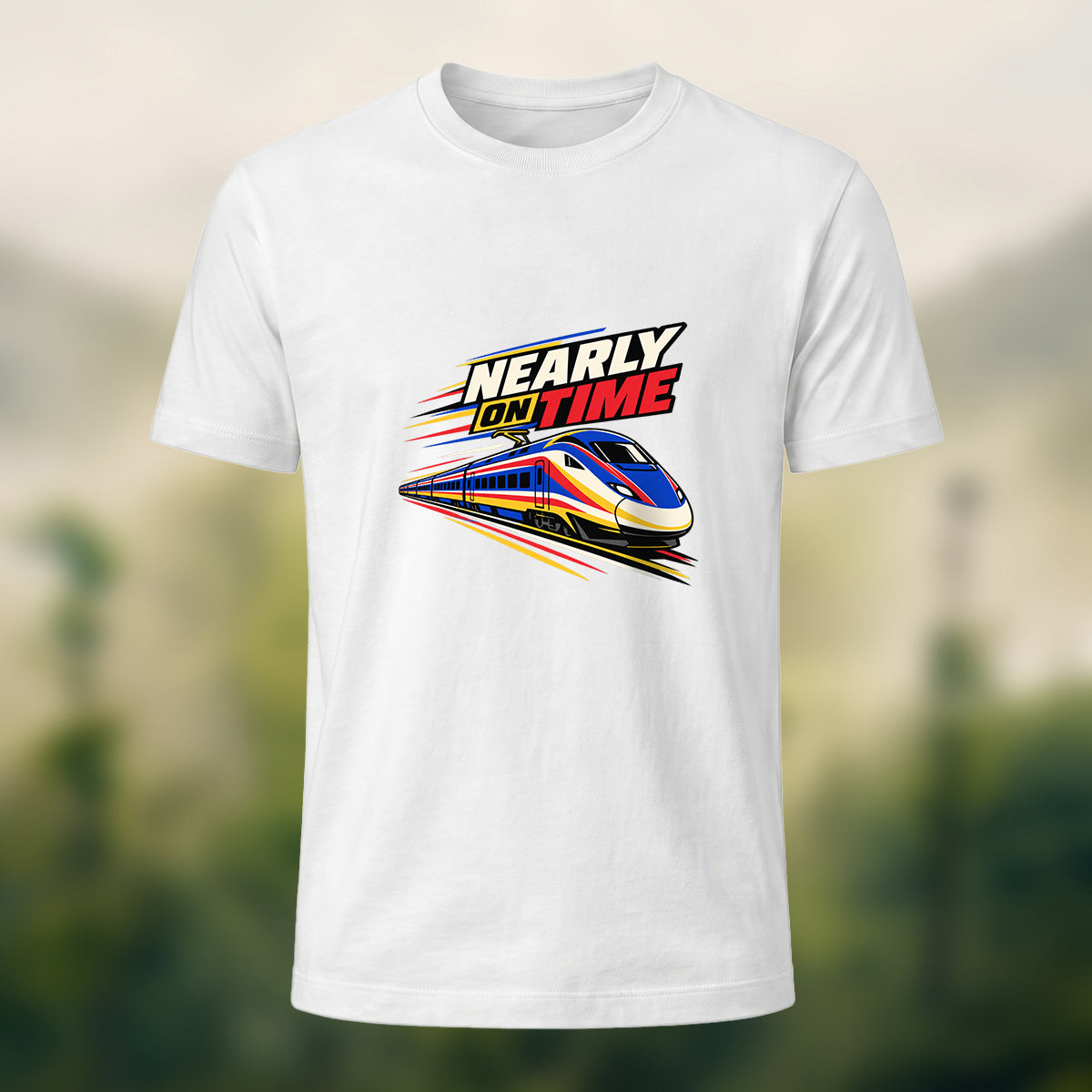 Nearly On Time Train Print Casual Cotton T-Shirt White