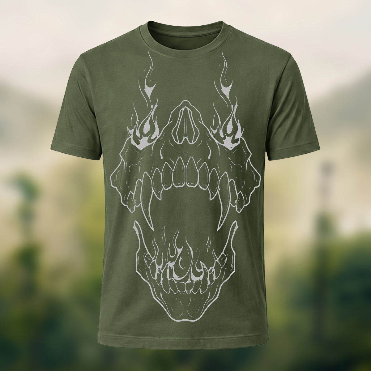 Fierce Flaming Skull Premium Cotton T-Shirt Olive Green