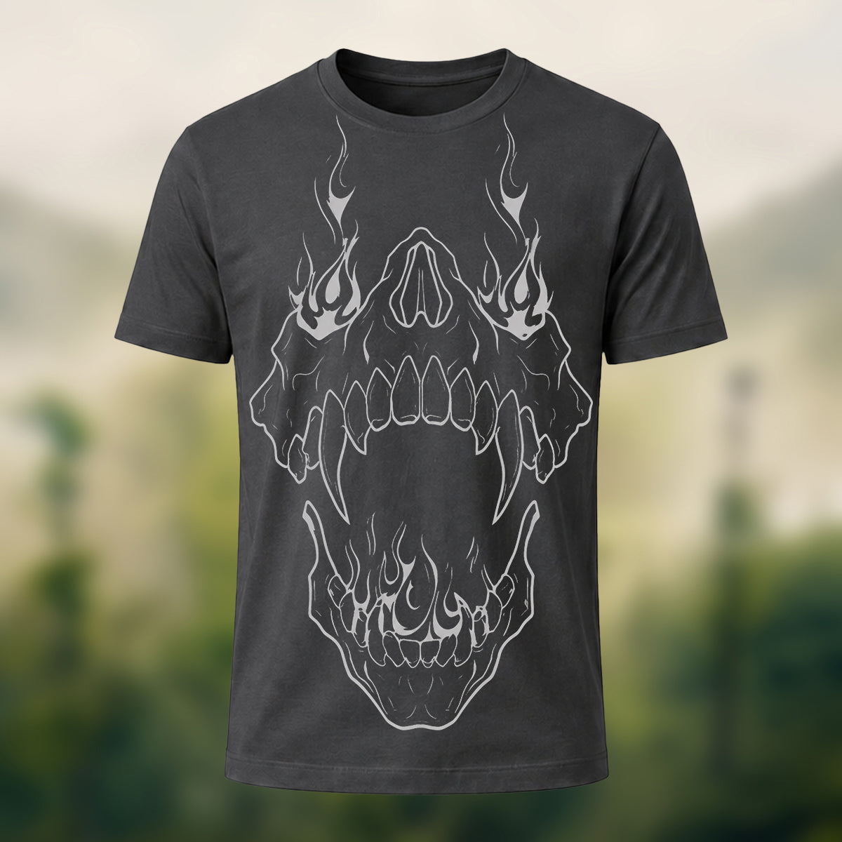 Fierce Flaming Skull Premium Cotton T-Shirt Dkgy