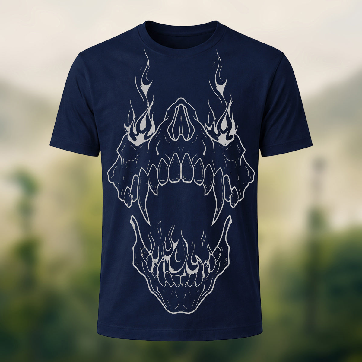 Fierce Flaming Skull Premium Cotton T-Shirt Navy