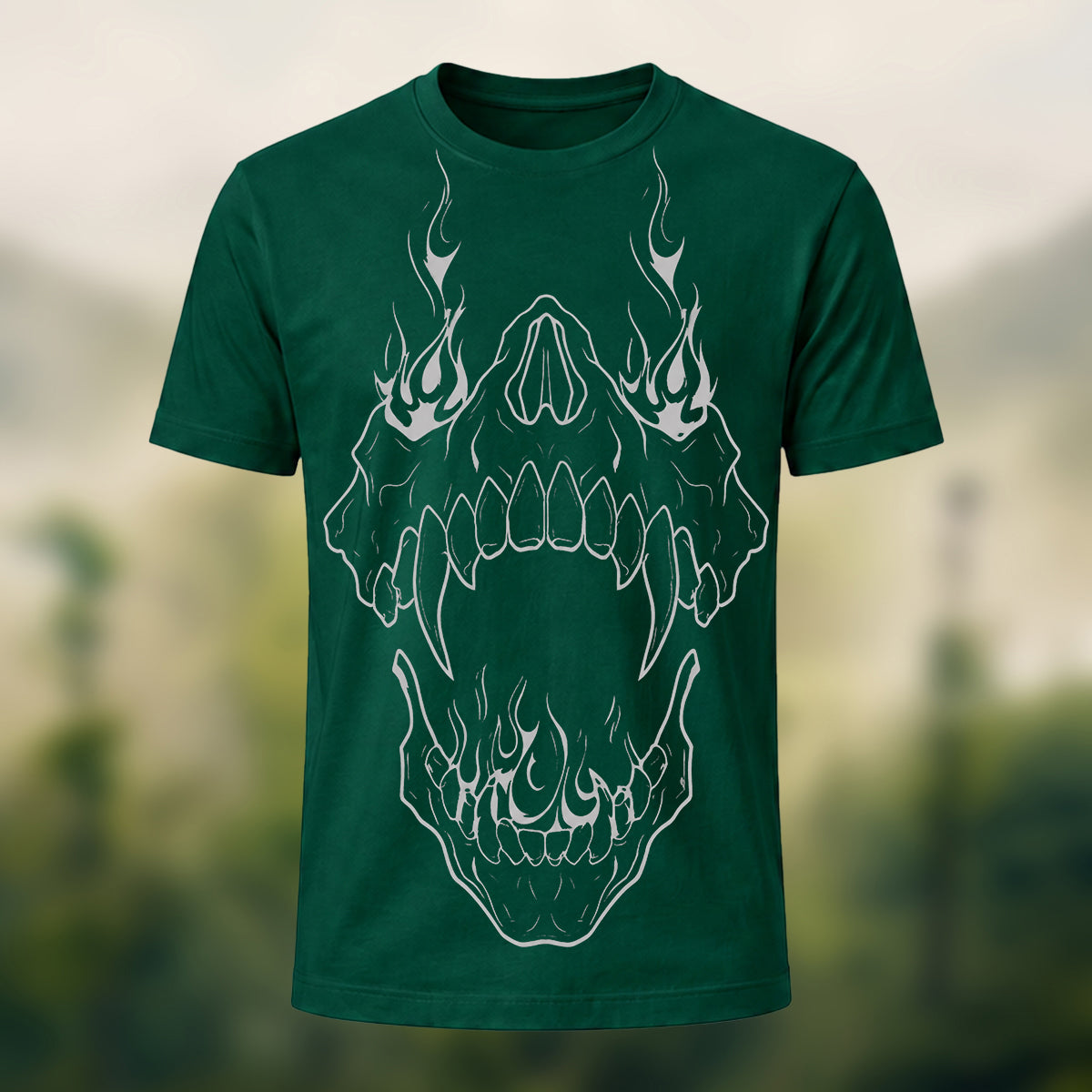 Striking Crimson Fanged Skull Combed Cotton T-Shirt Forest Green