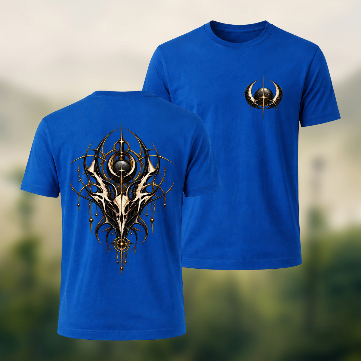 Ornate Gothic Emblem Premium Cotton T-Shirt Royal Blue
