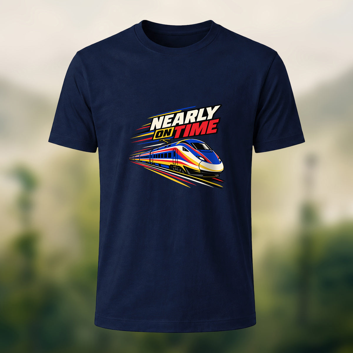 Nearly On Time Train Print Casual Cotton T-Shirt Navy