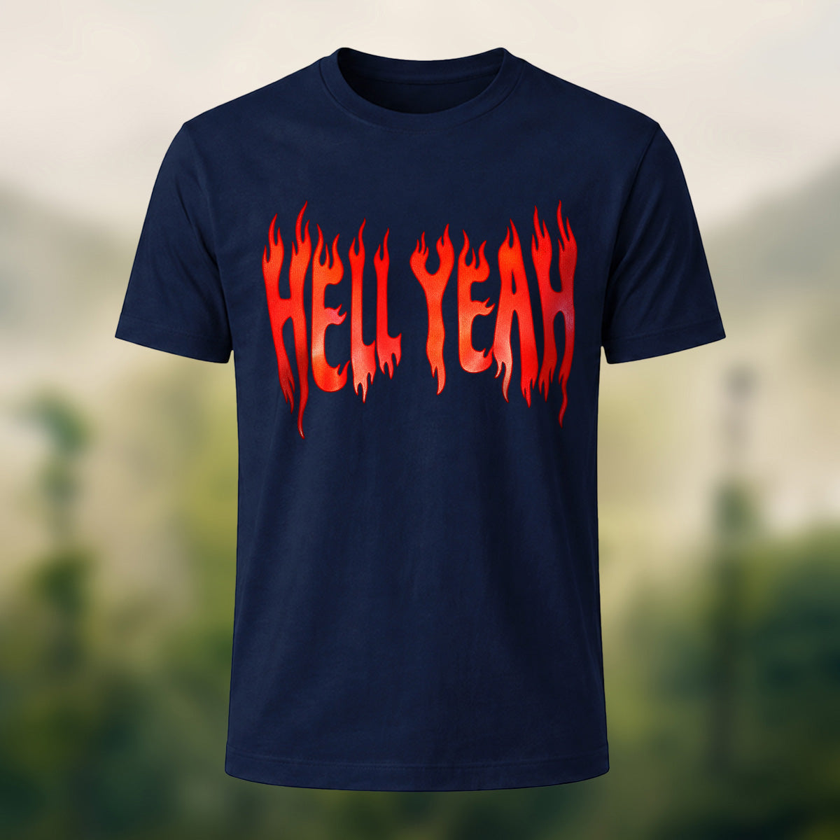 Bold Flame Lettering Combed Cotton T-Shirt Navy