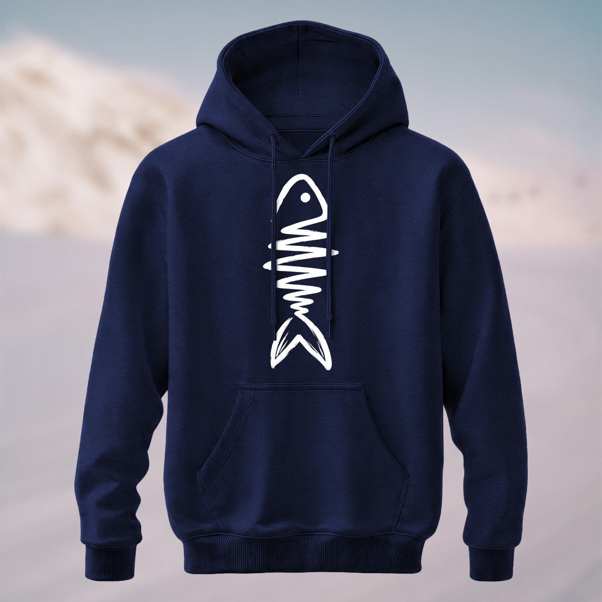 Cotton Made Artistic Minimal Fish Line Hoodie Navy