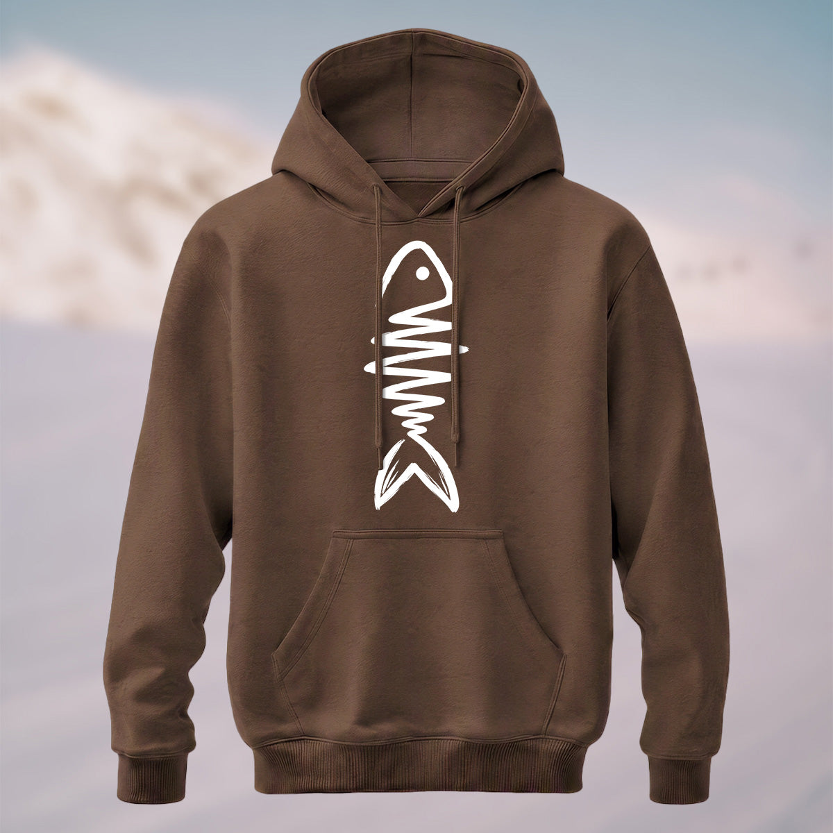 Cotton Made Artistic Minimal Fish Line Hoodie Coffee