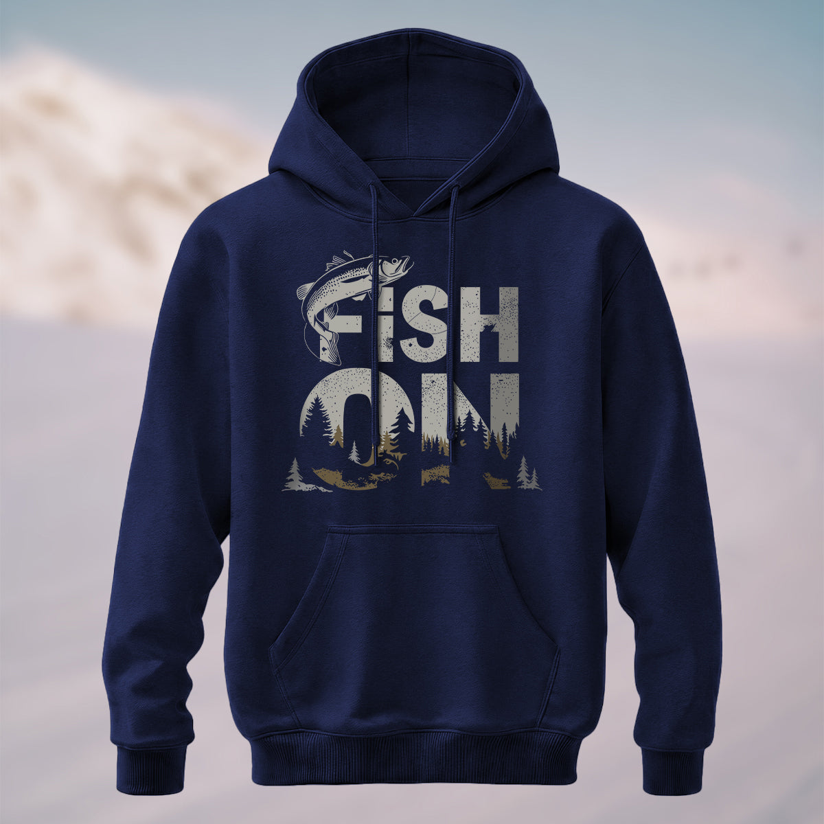 Cotton Made Vintage Fish On Outdoor Hoodie Navy