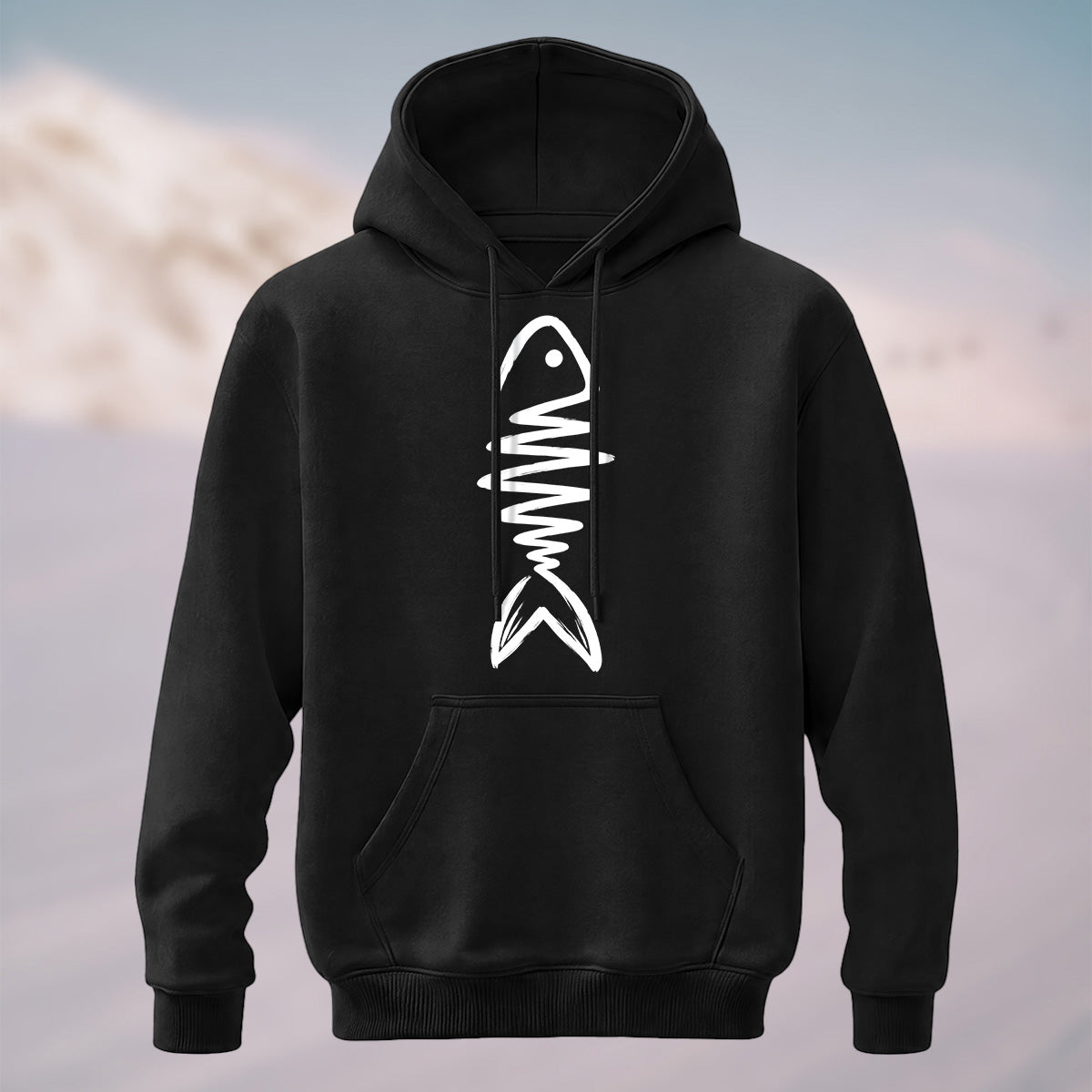 Cotton Made Artistic Minimal Fish Line Hoodie Black