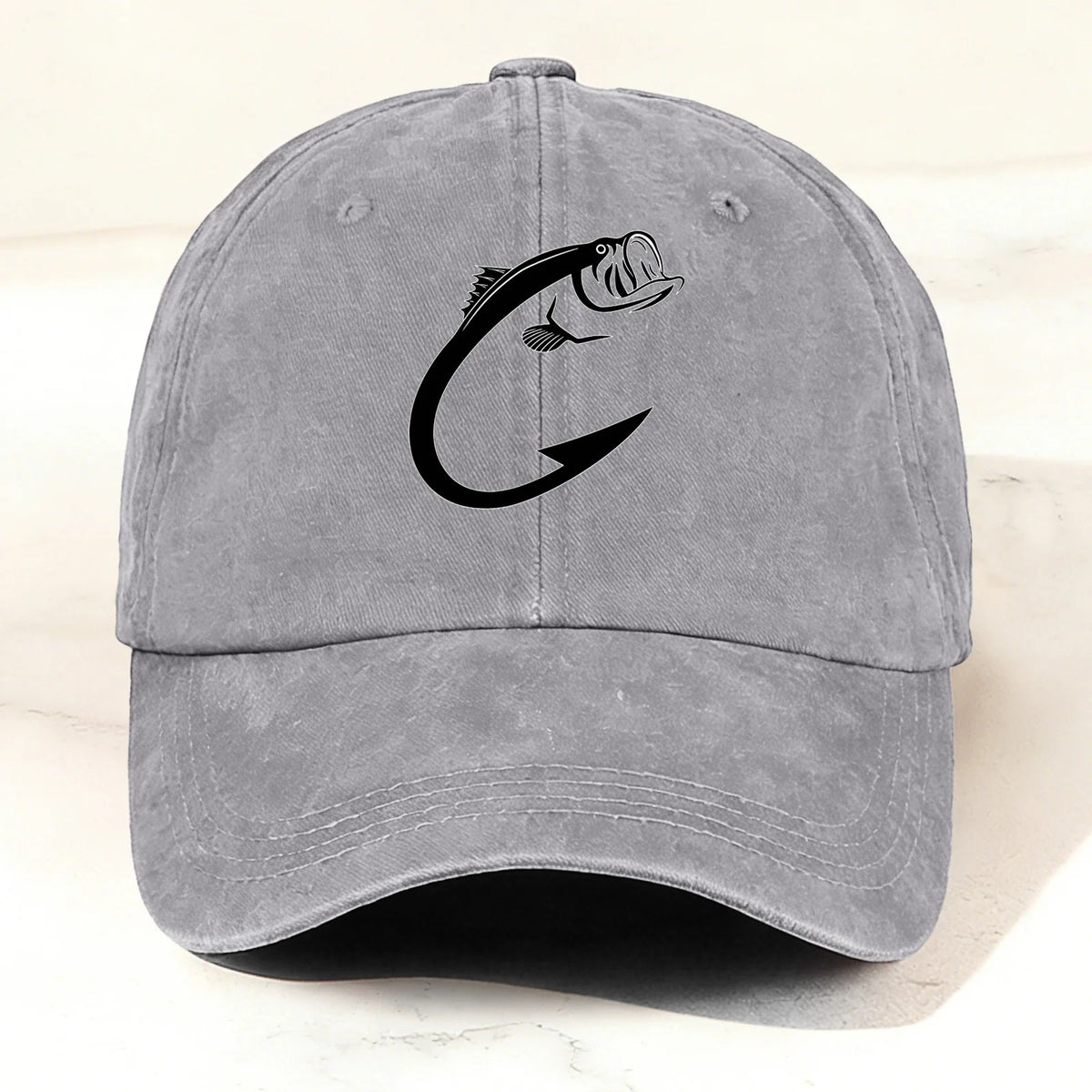 Vintage Washed Fish Hook Baseball Cap Grey