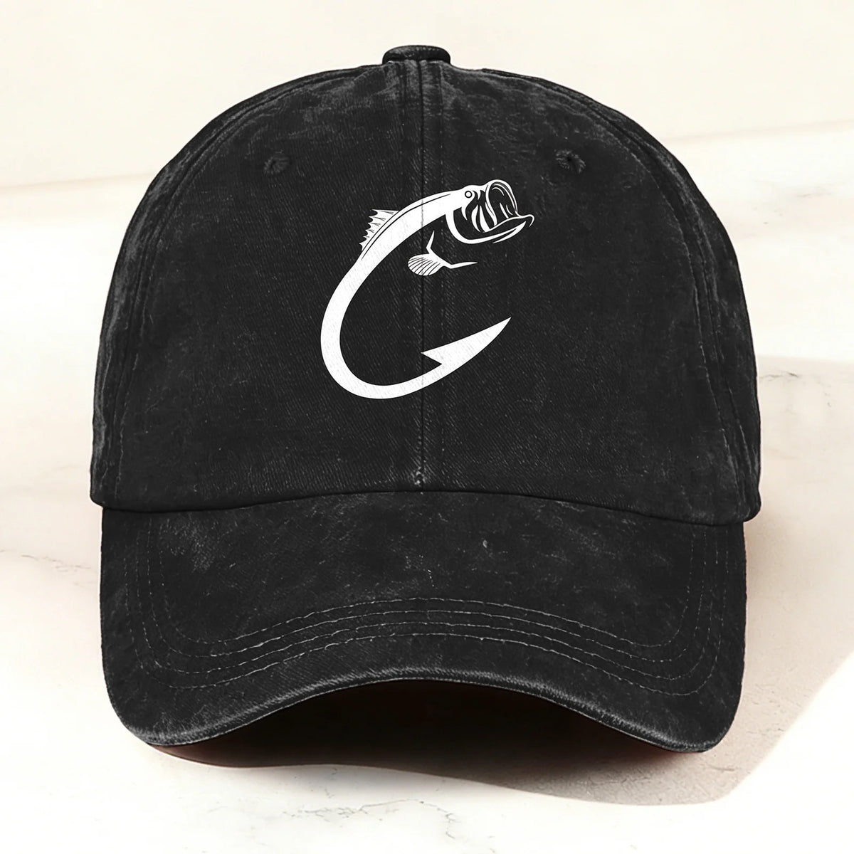 Vintage Washed Fish Hook Baseball Cap Black
