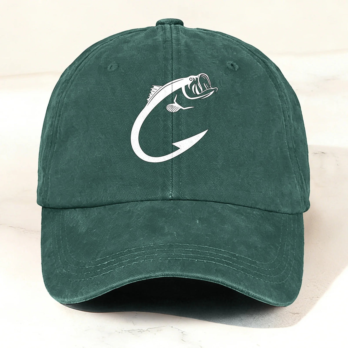 Vintage Washed Fish Hook Baseball Cap Dark Green