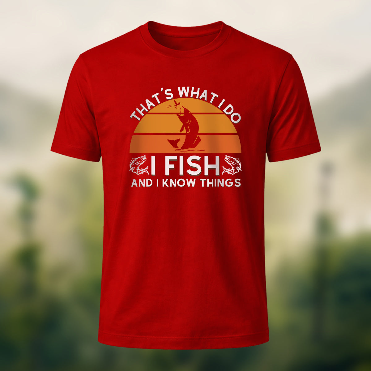 Retro Outdoor Fishing Print Casual Cotton T-Shirt Red