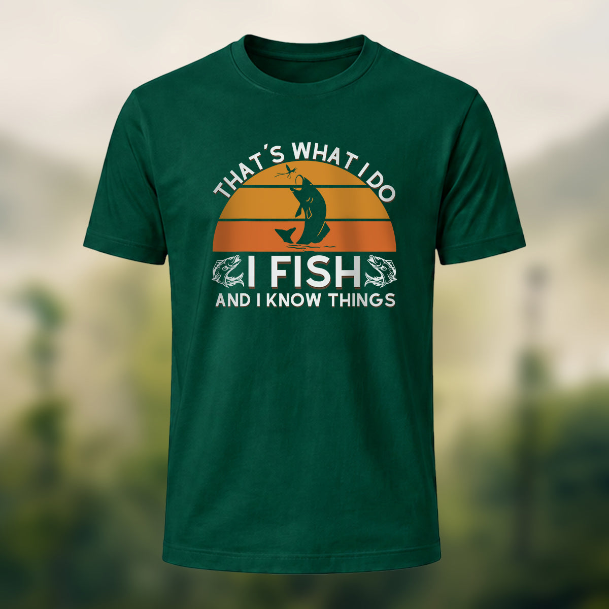 Retro Outdoor Fishing Print Casual Cotton T-Shirt Forest Green