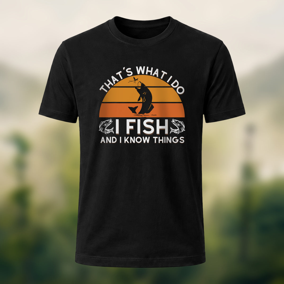 Retro Outdoor Fishing Print Casual Cotton T-Shirt Black