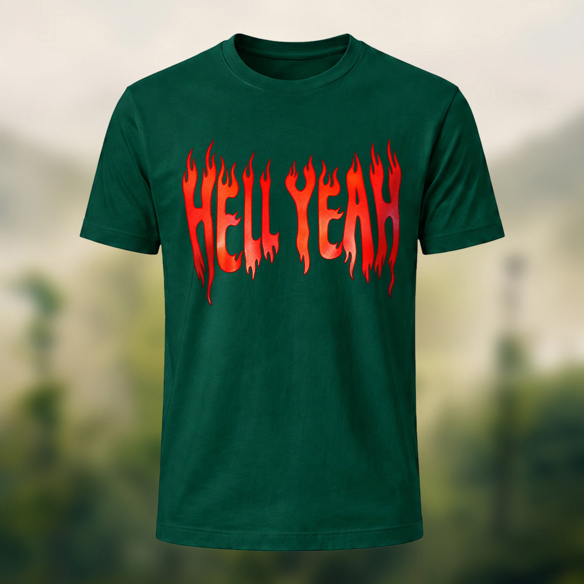 Bold Flame Lettering Combed Cotton T-Shirt Forest Green