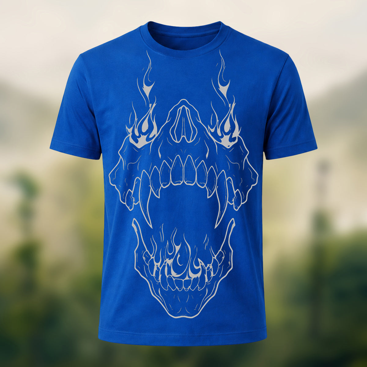 Fierce Flaming Skull Premium Cotton T-Shirt Royal Blue