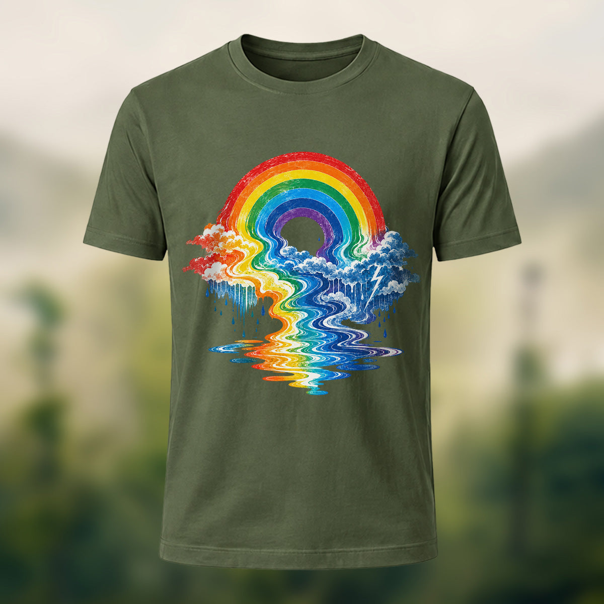 Vivid Rainbow Storm Soft Cotton T-Shirt Olive Green