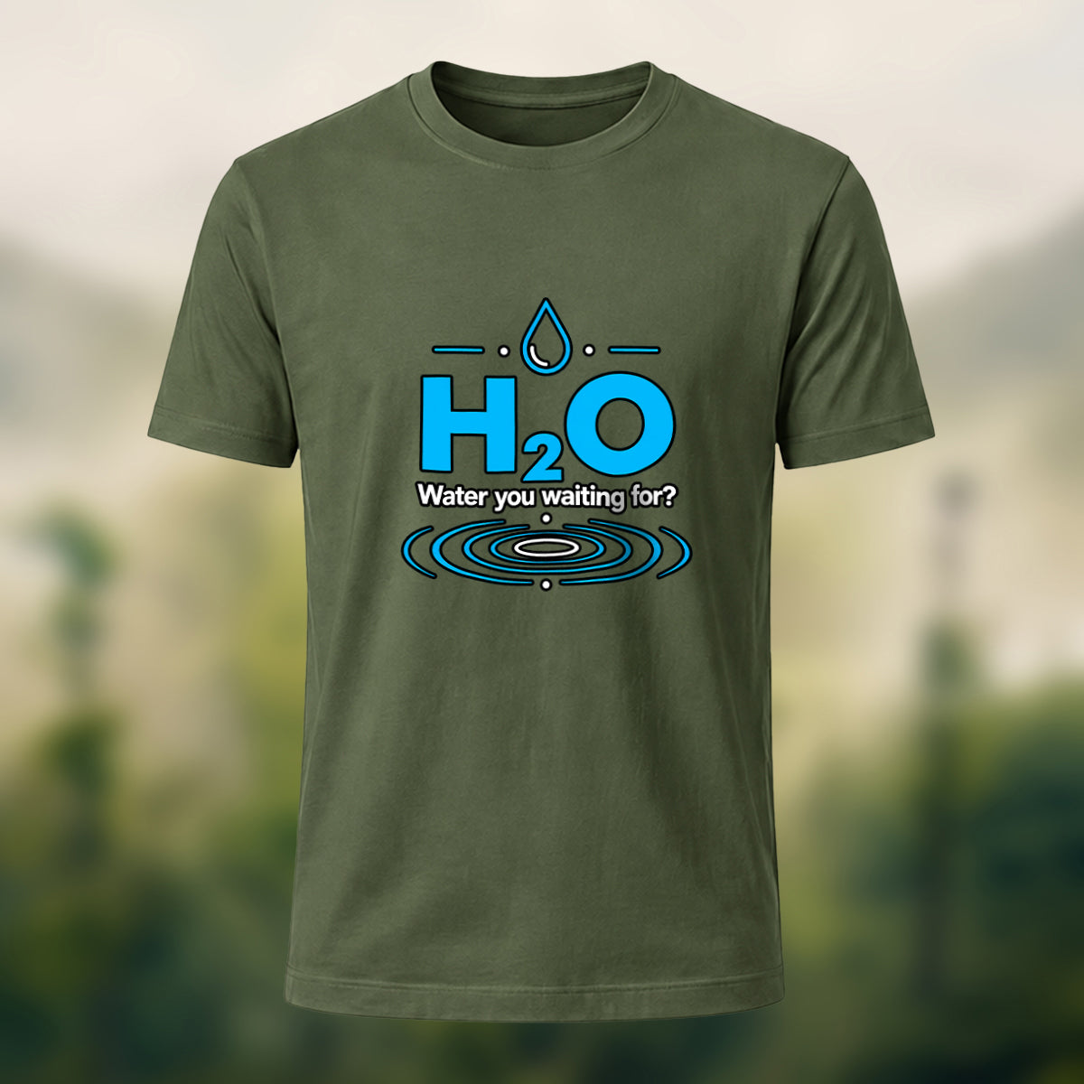 Water Molecule Print Casual Cotton T-Shirt Olive Green