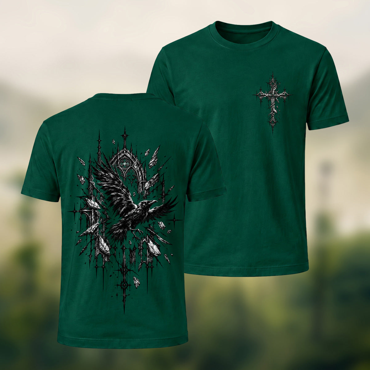 Mystical Gothic Raven Premium Cotton T-Shirt Forest Green