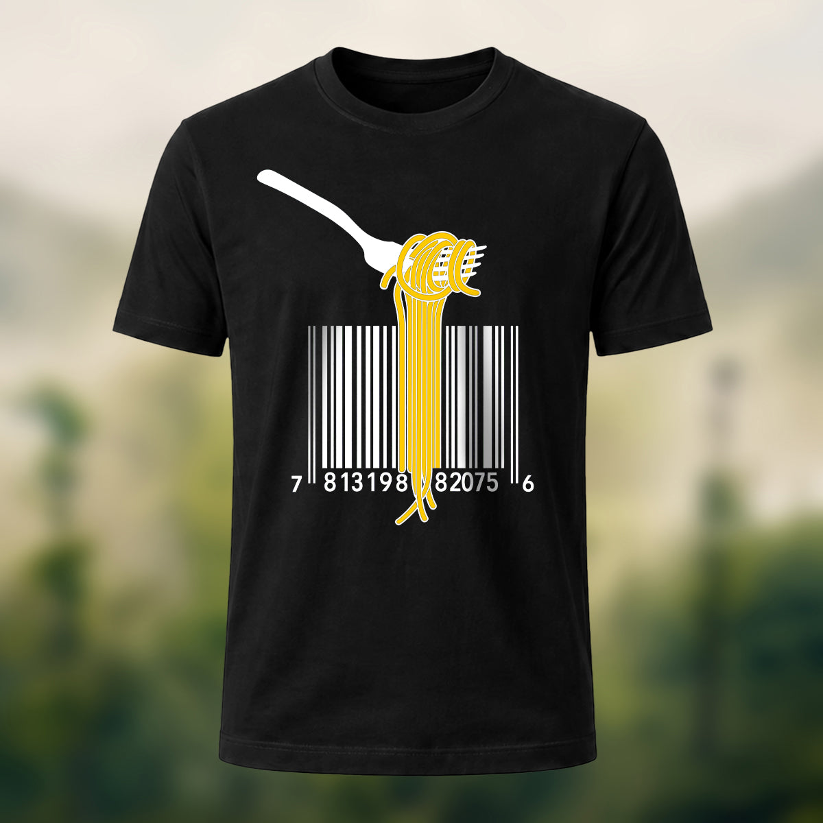 Pasta Barcode Print Casual Cotton T-Shirt Black