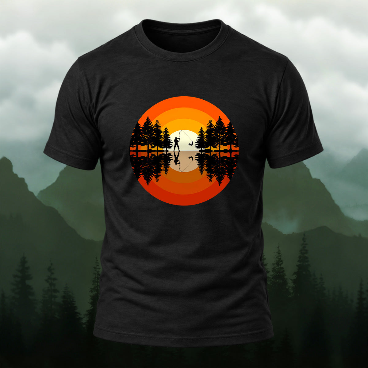 Vintage Sunset Forest Fishing T-Shirt Black