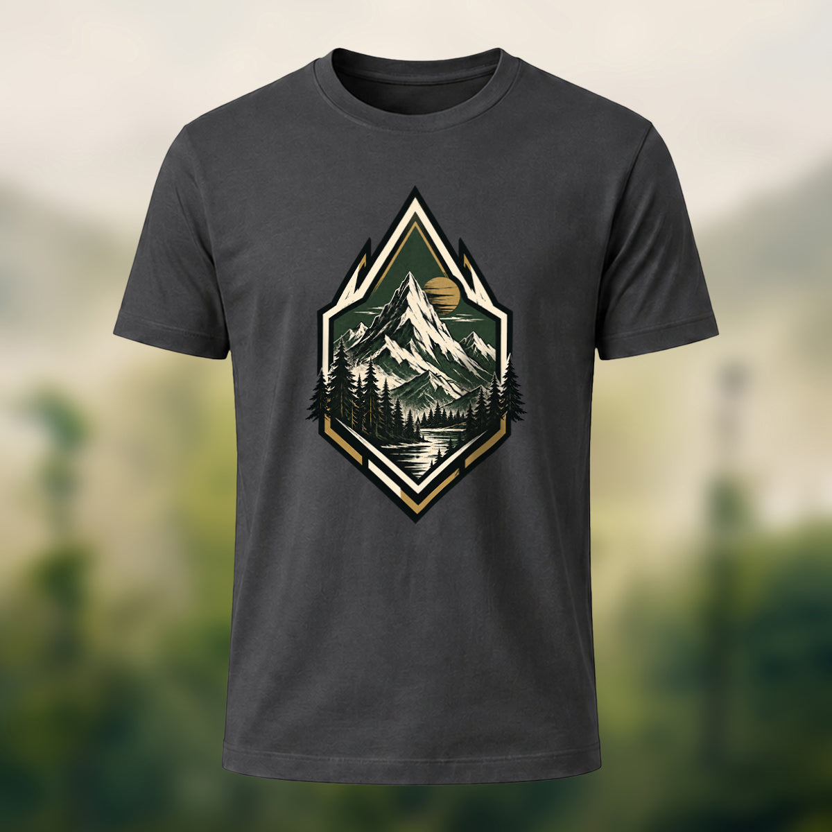 Vintage Wilderness Mountain Badge Cotton T-Shirt Charcoal