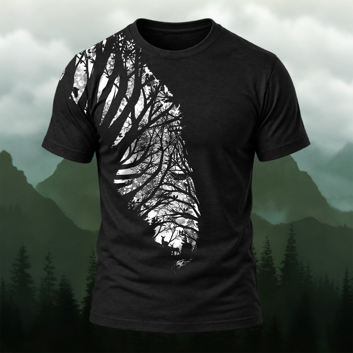 Artistic Forest Silhouette All-Over Print T-Shirt Black